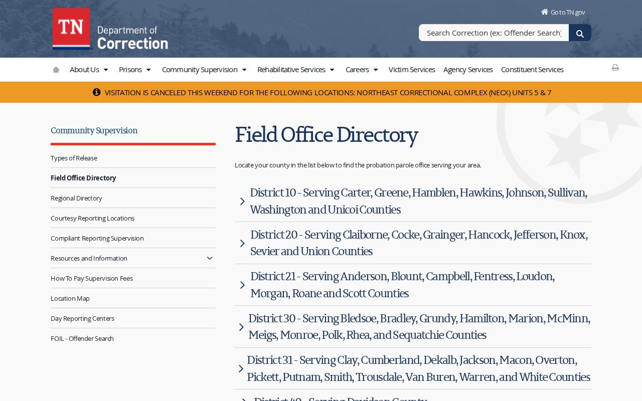 Bledsoe County probation and parole District 30 office listing